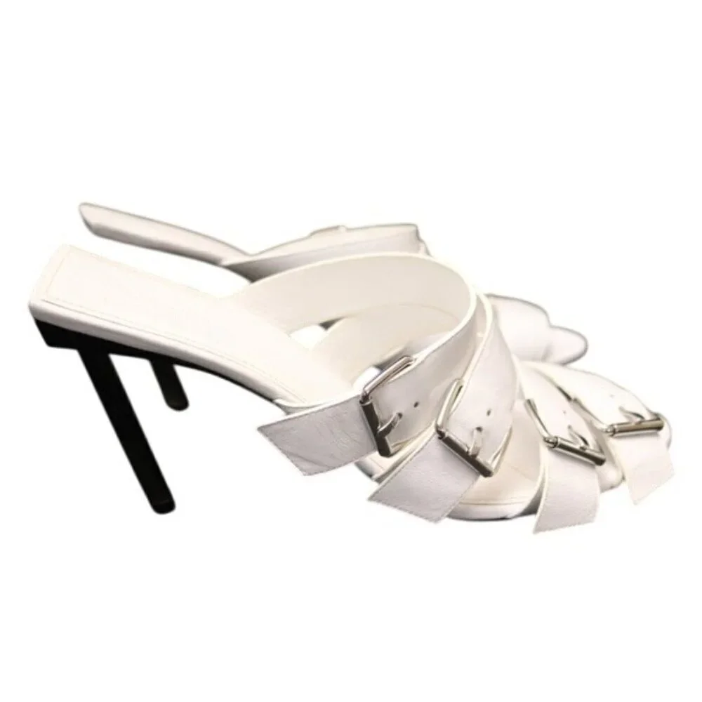 Balenciaga White Buckle Leather Open Toe Mules Stiletto Heel Silver 10 US 40 IT